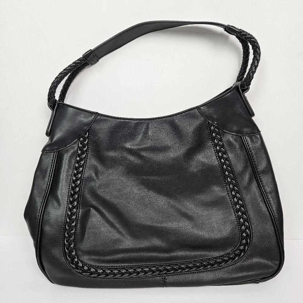 Sole/Society Large Black Faux Leather Braided Detail Hobo Shoulder Bag